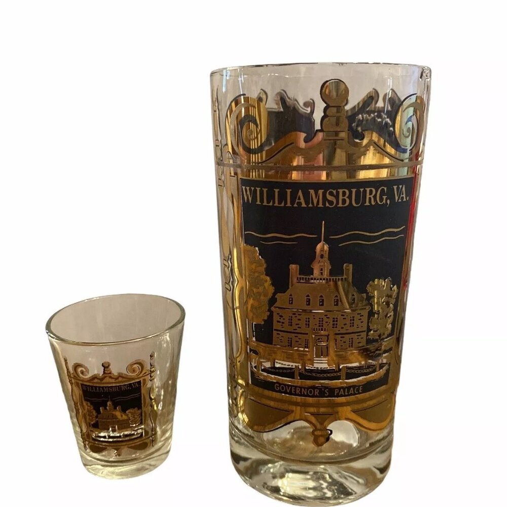 Beautiful Williamsburg Black/Gold Historical Souvenir Glass & Shot Glass GUC